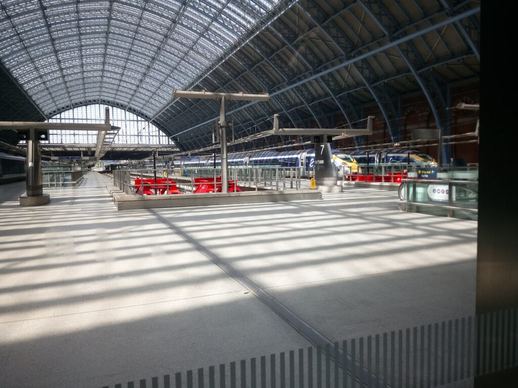 Eurostar high-speed trains at the platforms of London St Pancras International station