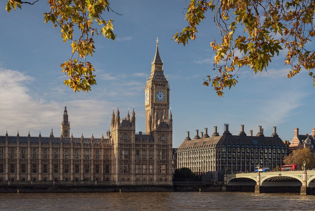The Palace of Westminster and Westminster Bridge on the River Thames in London