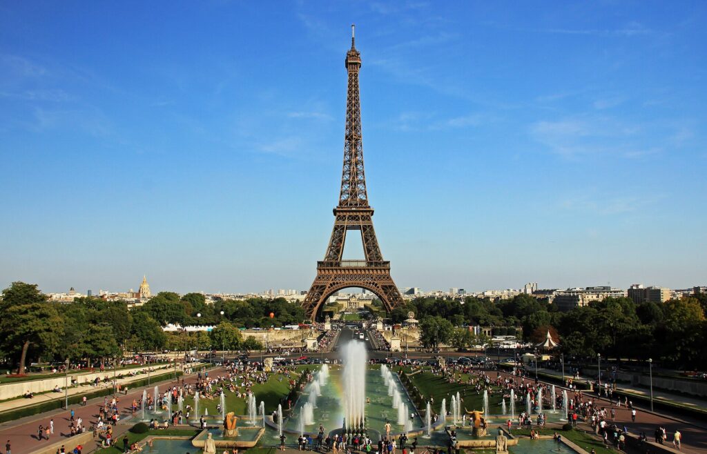 The Eiffel Tower seen across the Trocadéro gardens in Paris