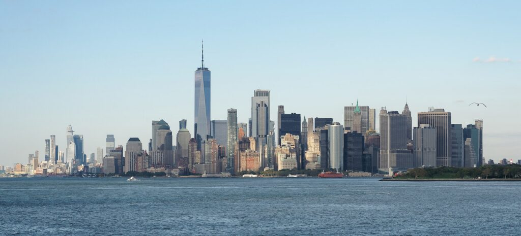 The Lower Manhattan skyline seen across the harbor from the Staten Island Ferry