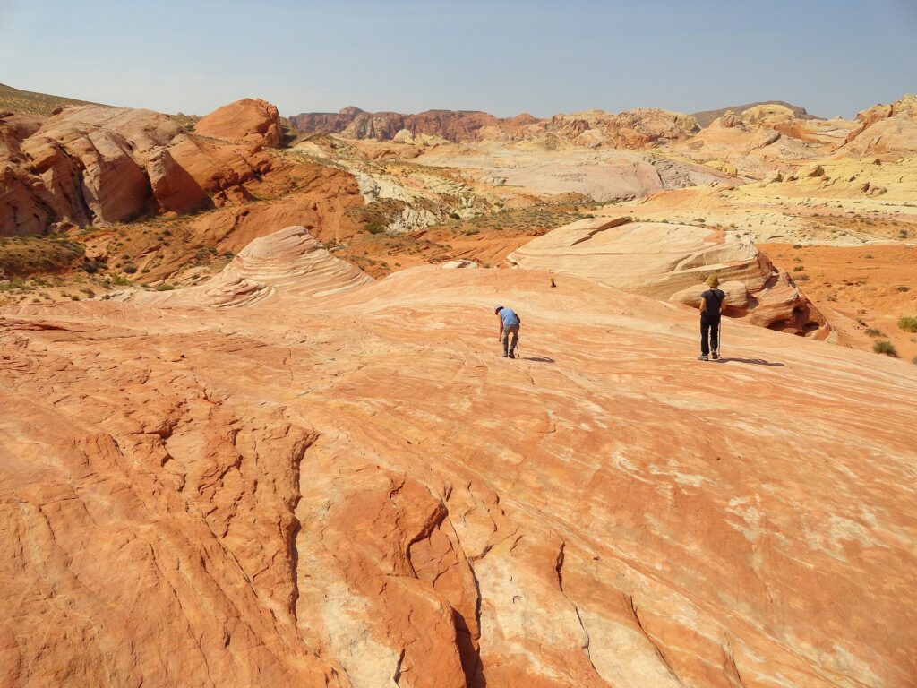 Swirling red and white sandstone stripes on the Fire Wave Trail in Valley of Fire State Park, Nevada