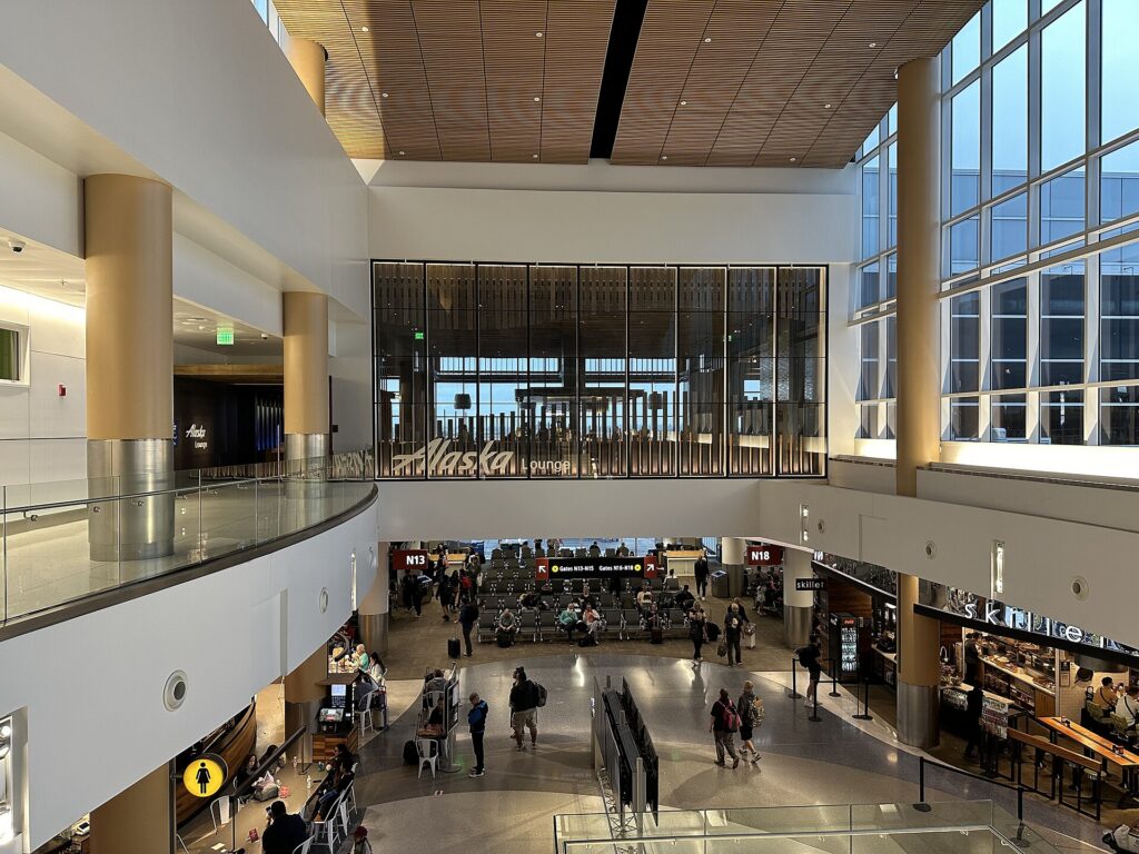 Seating and windows in an airline lounge at Seattle-Tacoma International Airport