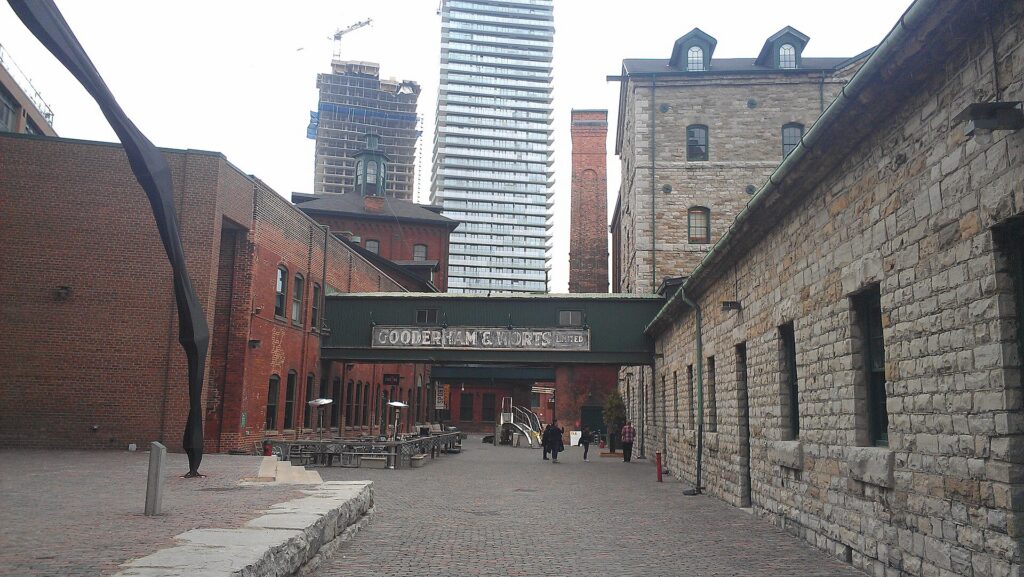 Brick streets and Victorian industrial buildings in Toronto's Distillery District