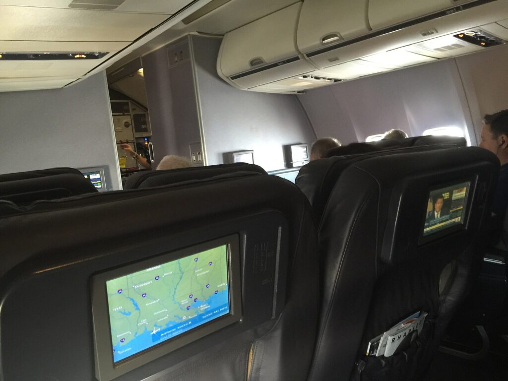 Wide recliner seats in the domestic first class cabin of a Boeing 737