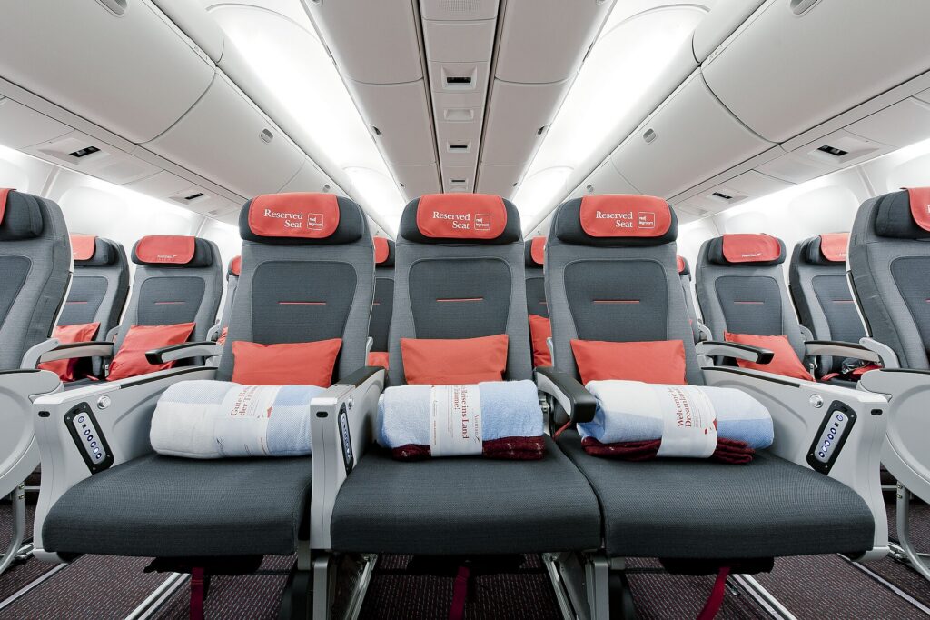 The economy cabin of an Austrian Airlines long-haul aircraft