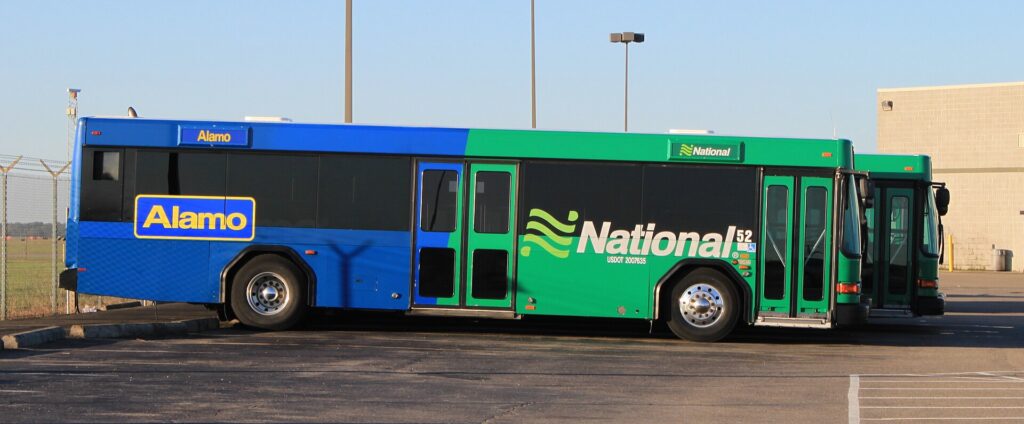 A rental car shuttle bus at Detroit Metropolitan Airport