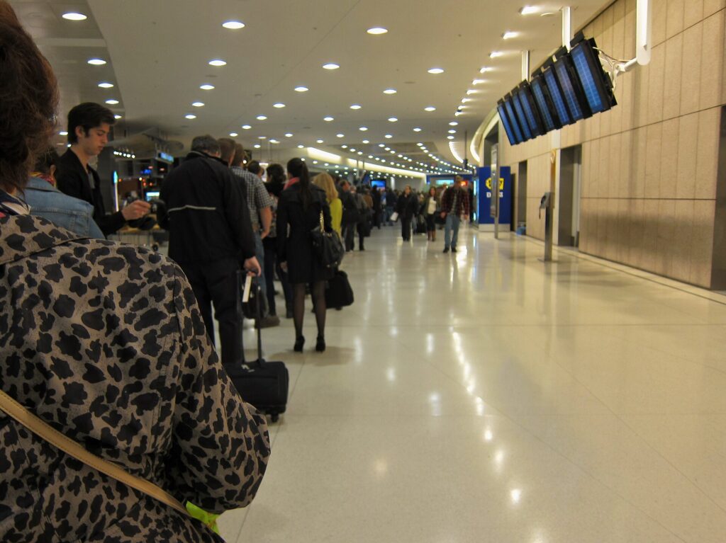Travelers lined up for security screening at Toronto Pearson International Airport