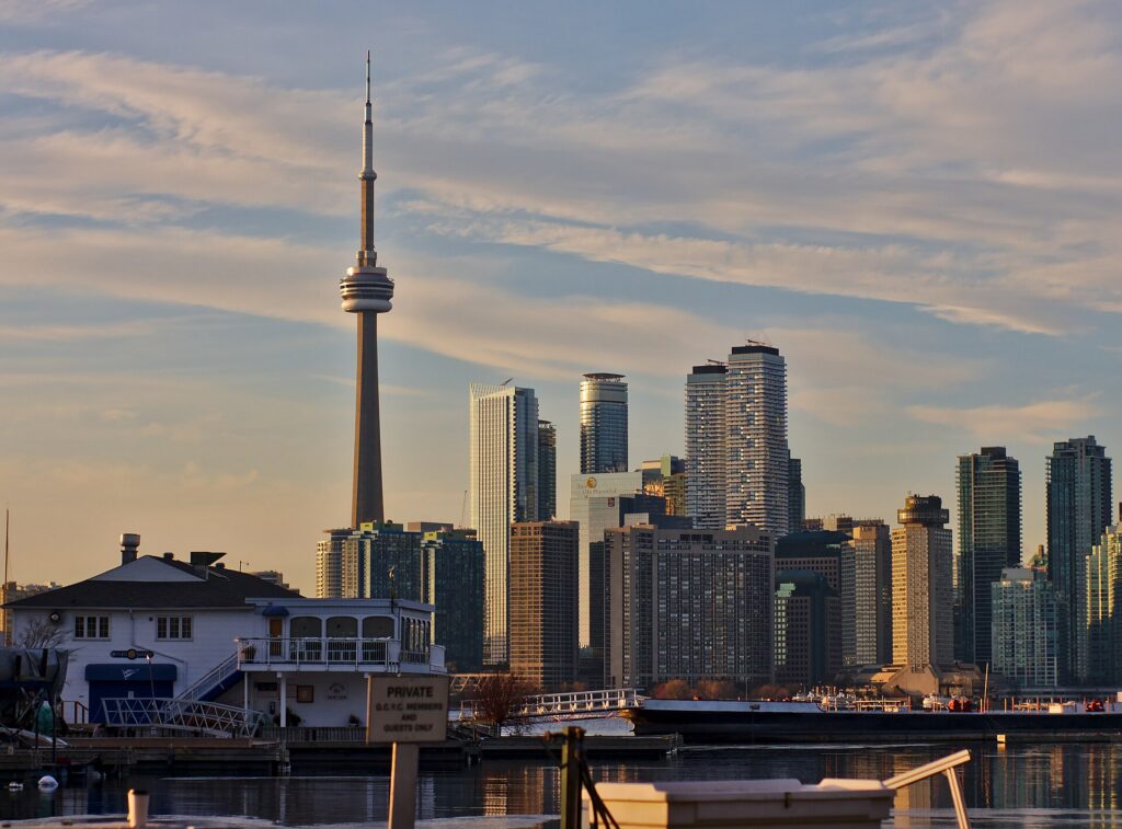 The Toronto skyline and CN Tower seen across the water from the Toronto Islands