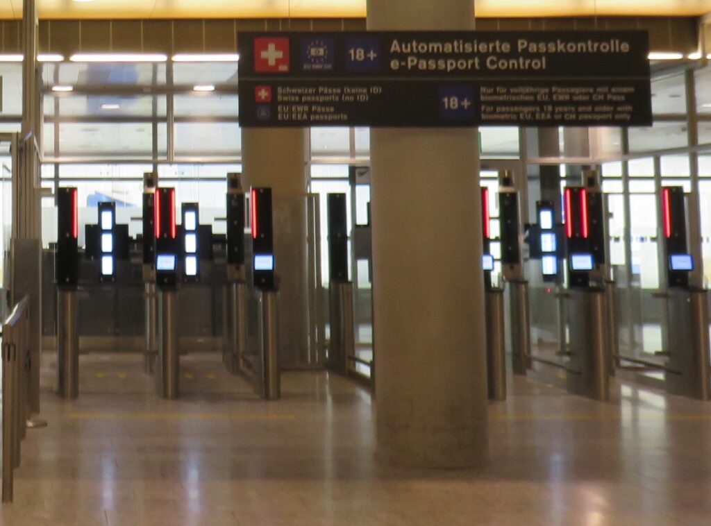 Automated e-passport control gates in an airport arrivals area
