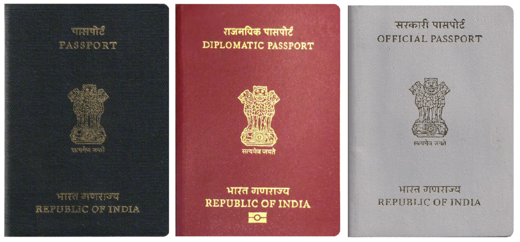 Ordinary, official and diplomatic Indian passports side by side