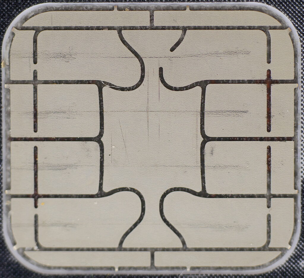 Close-up of the chip contact pad on a credit card
