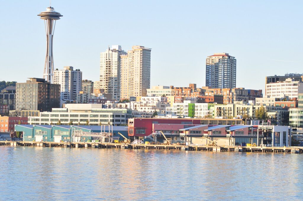 Bell Street Pier and the Space Needle seen from Elliott Bay in Seattle