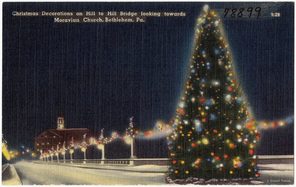 Christmas decorations on the Hill to Hill Bridge looking toward the Moravian Church in Bethlehem, Pennsylvania