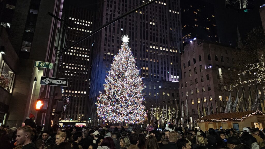 The Christmas tree and holiday decorations at Rockefeller Center in Midtown Manhattan