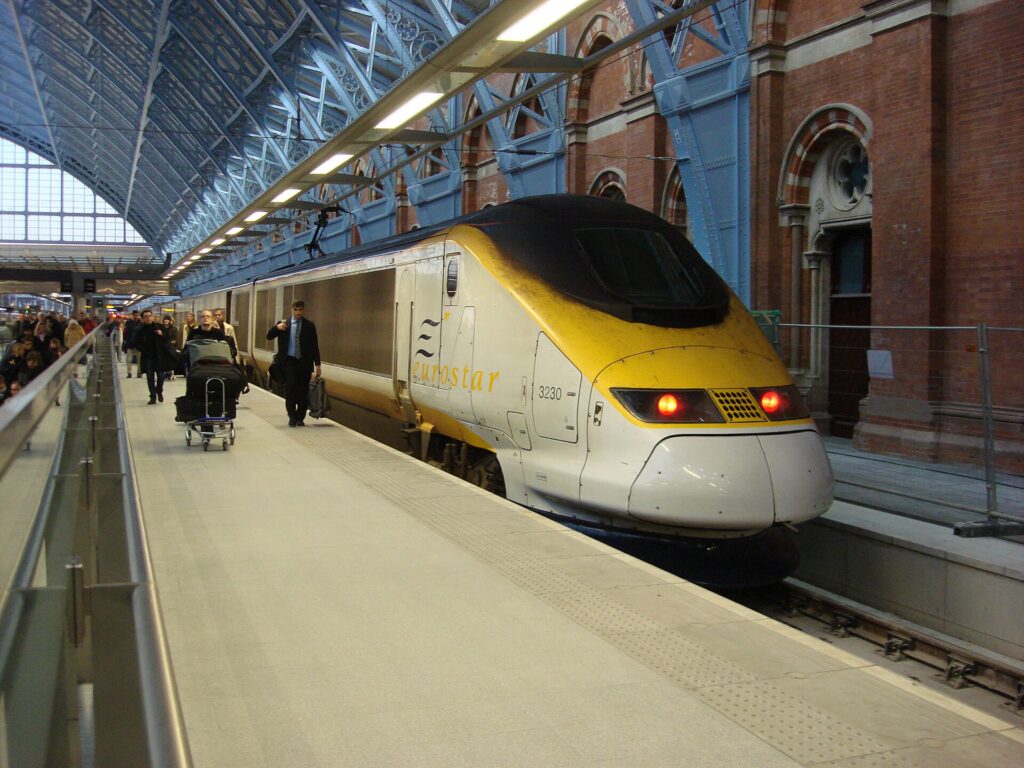 Eurostar trains at the platforms of St Pancras International station in London