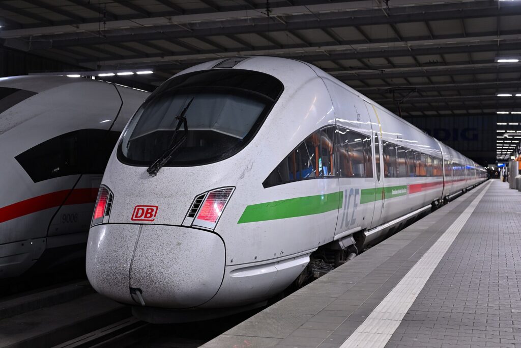 A German ICE high-speed train at the platform of Munich Central Station