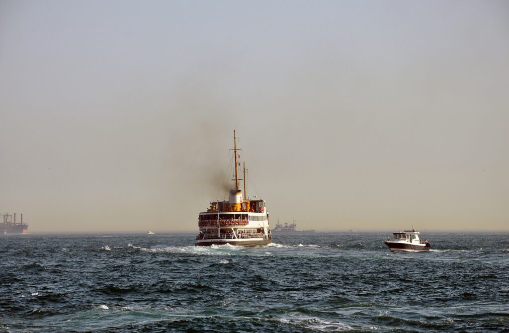 A commuter ferry crossing the Bosphorus in Istanbul