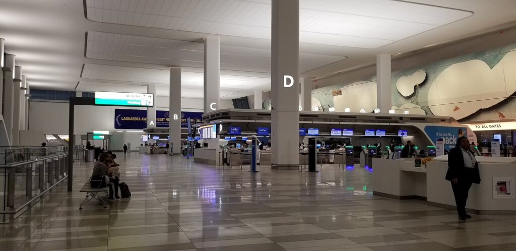 The ticketing and check-in hall in Terminal B at LaGuardia Airport