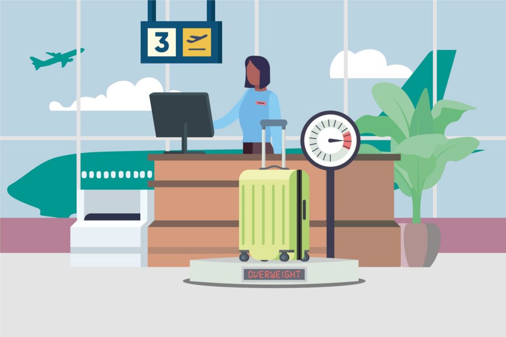 Illustration of a suitcase being weighed at an airport check-in desk