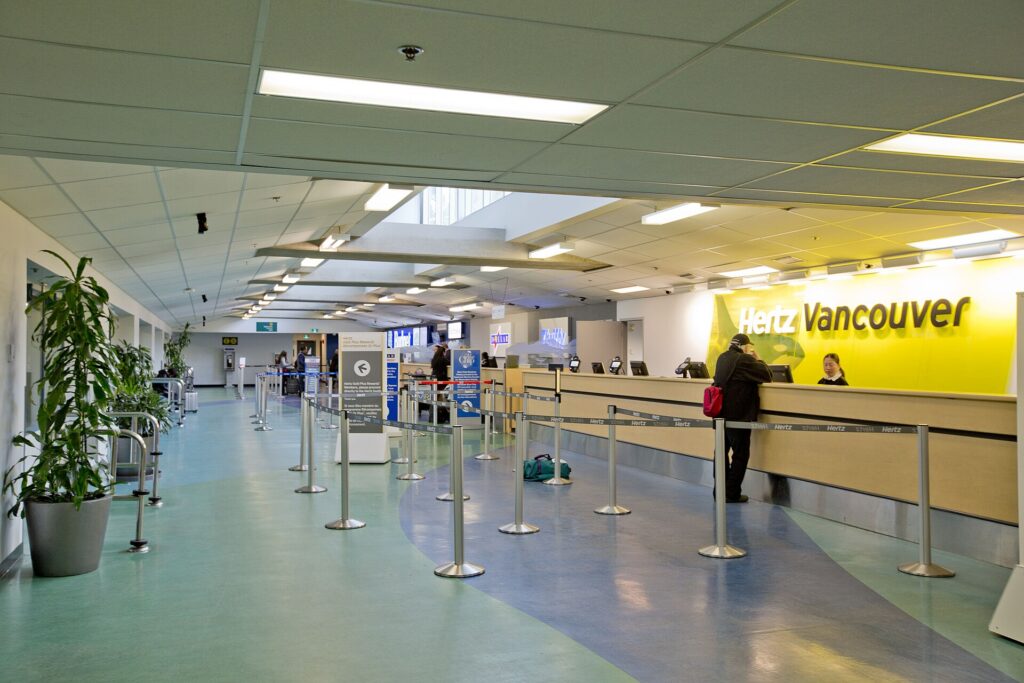 A car rental counter in the arrivals area at Vancouver International Airport