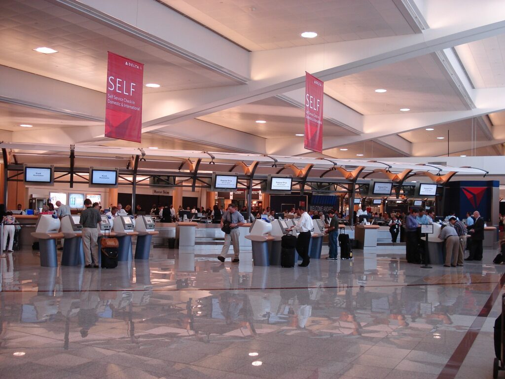 Delta check-in counters and kiosks at Atlanta airport