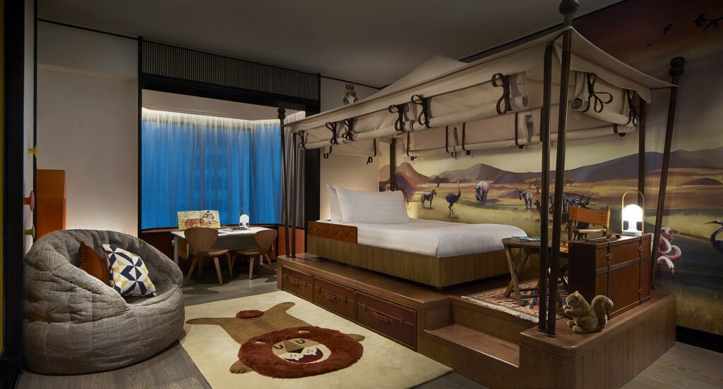 A themed family suite with beds for children