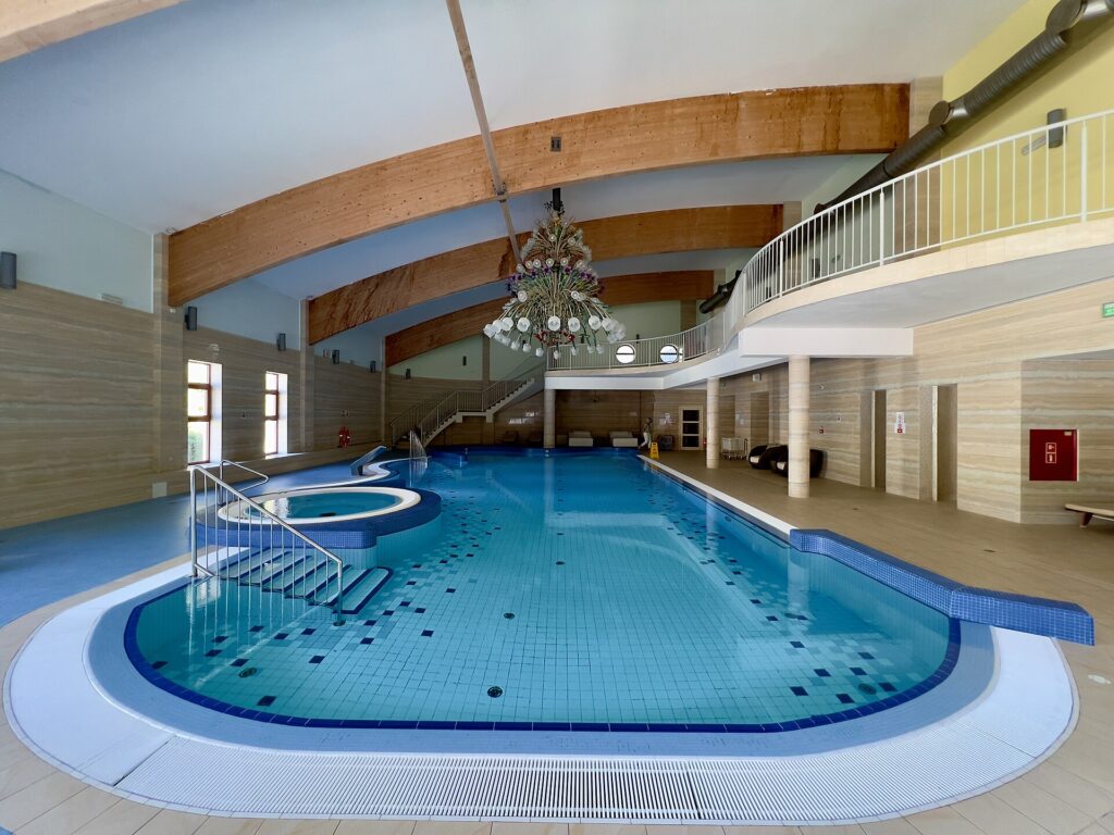 An indoor hotel swimming pool