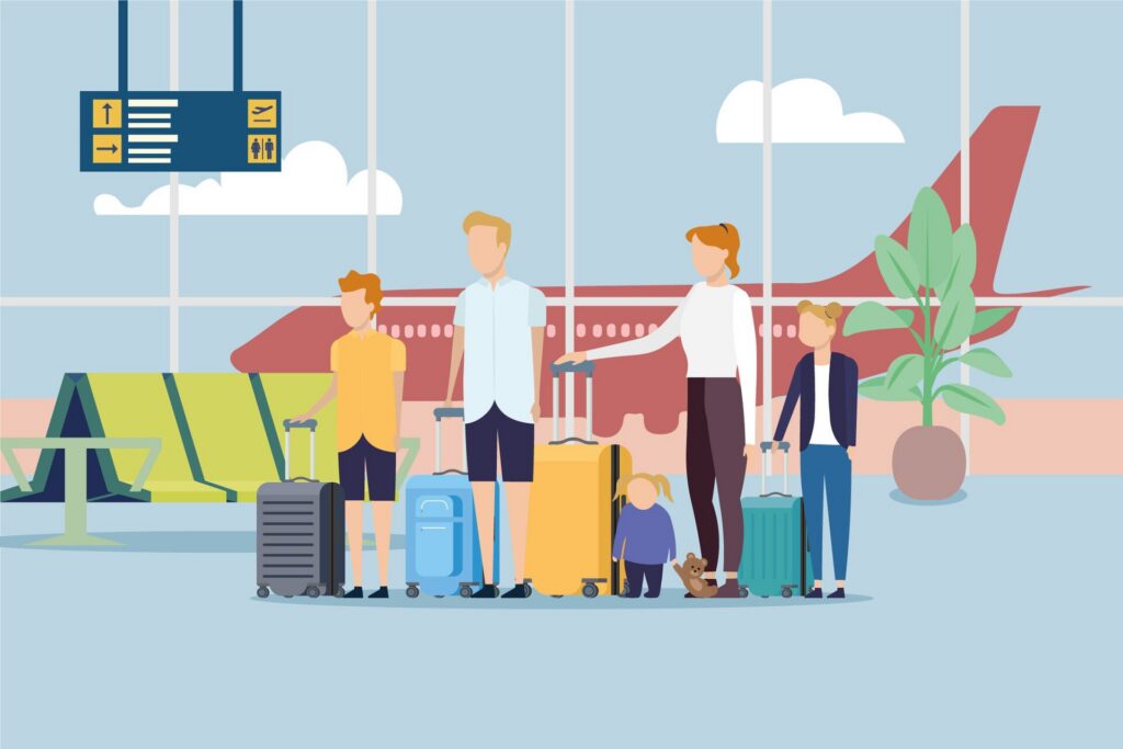 Illustration of a family with rolling suitcases waiting at an airport gate