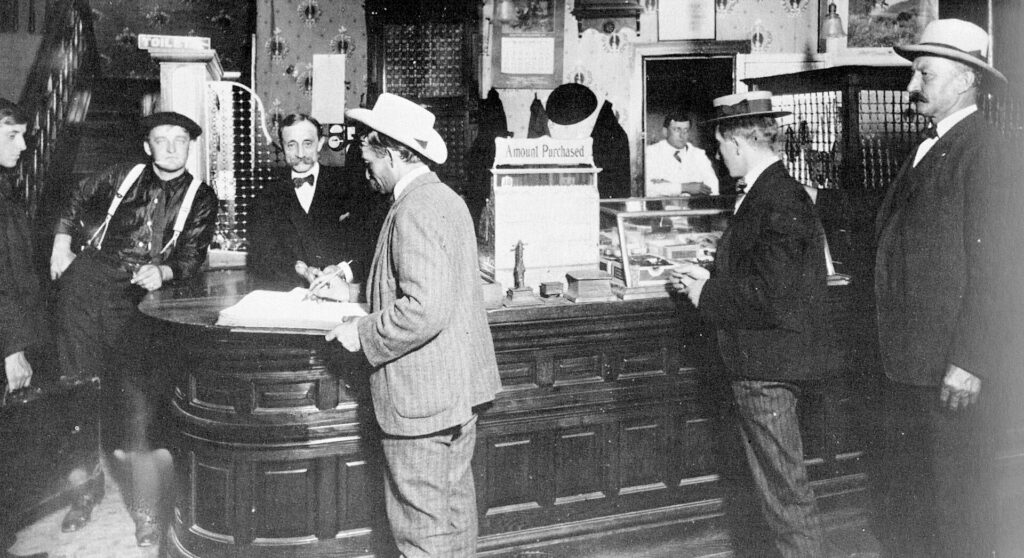 The front desk of a hotel lobby