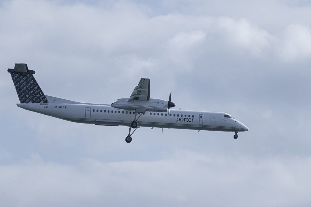 A Porter Airlines Dash 8-400 landing at Billy Bishop Toronto City Airport