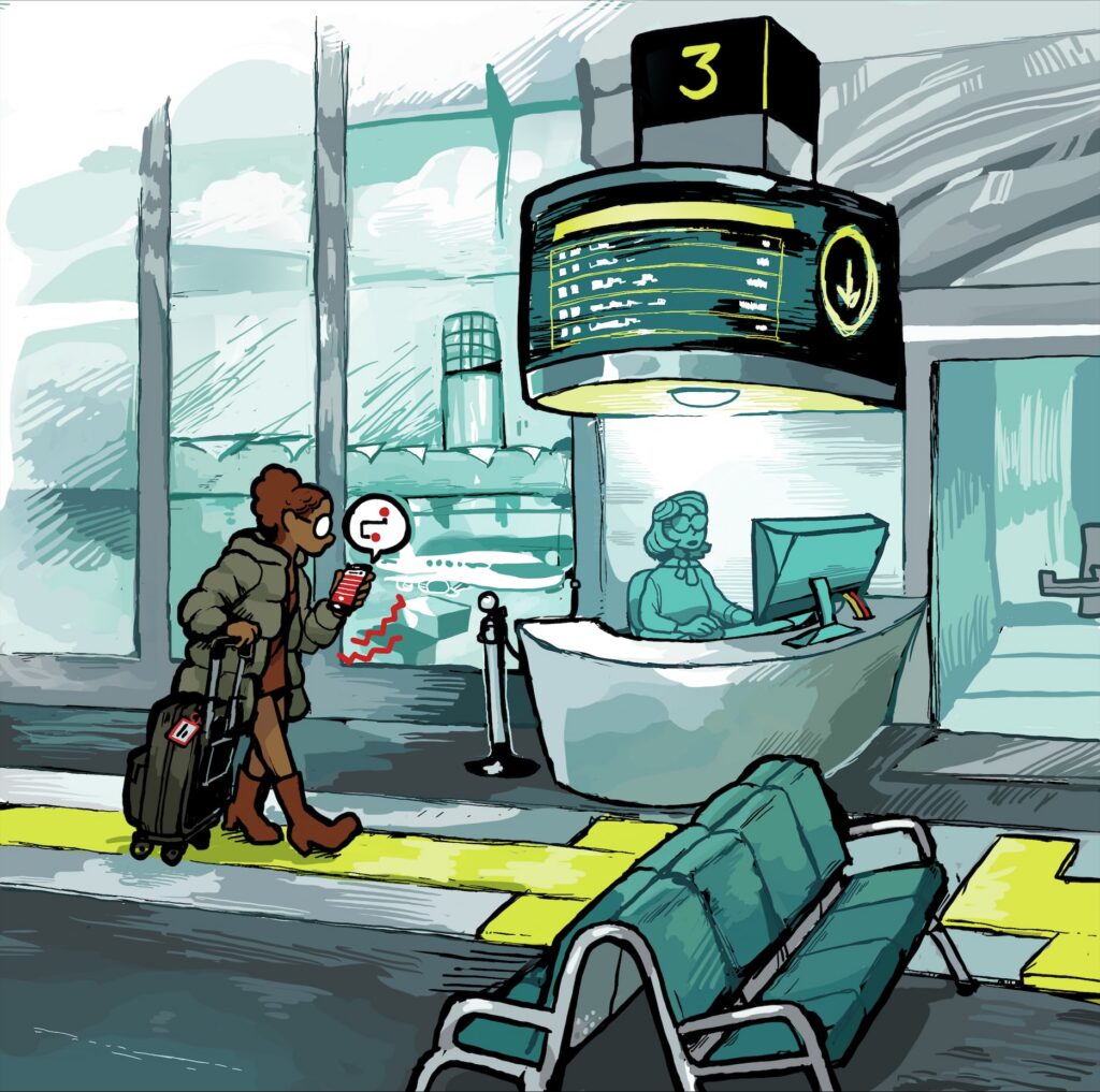 A traveler pulling a small rolling suitcase through an airport terminal