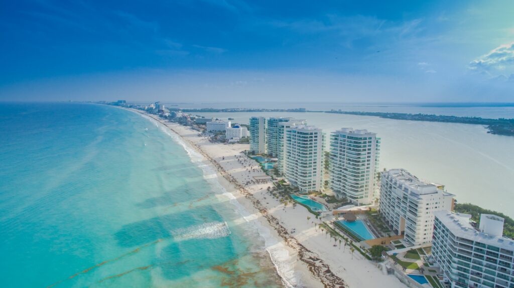 An aerial view of the Cancun Hotel Zone beach and turquoise water