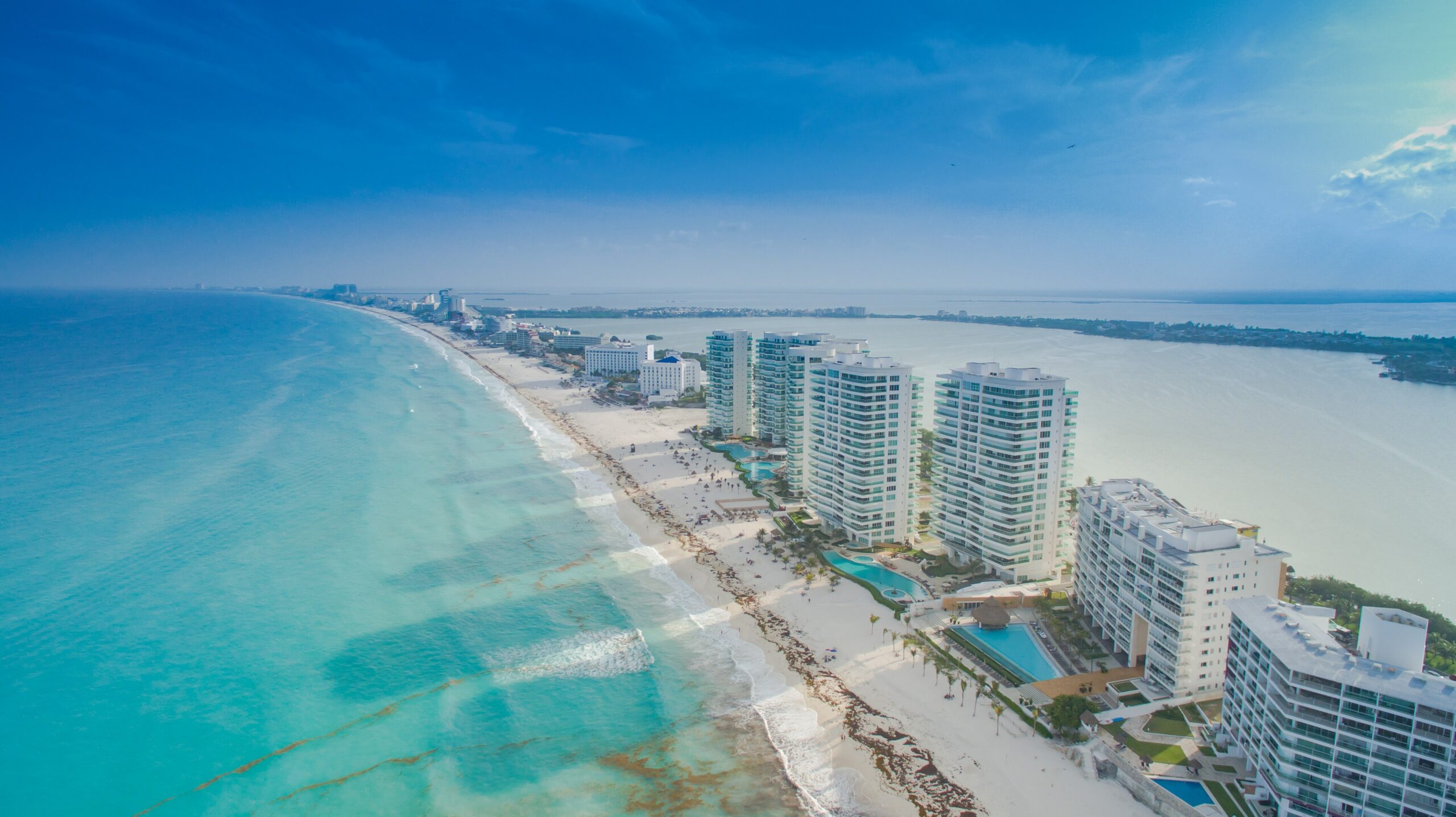 An aerial view of the Cancun Hotel Zone beach and turquoise water