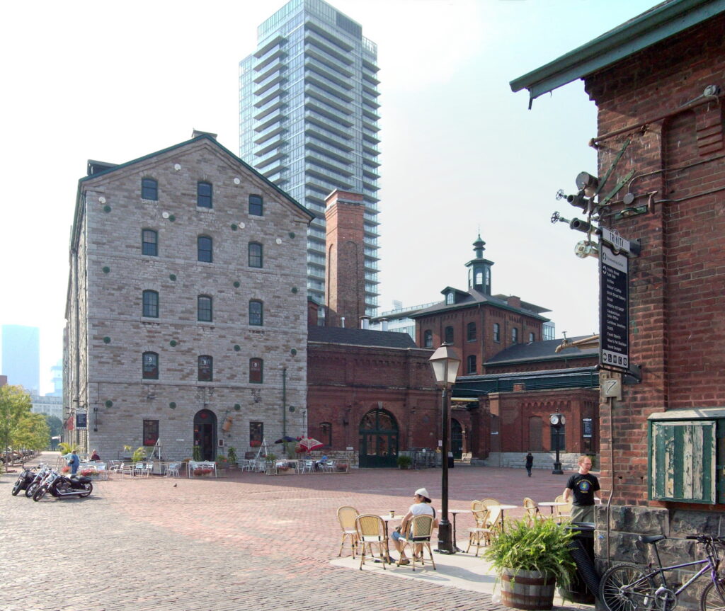 The flatiron-shaped Gooderham Building in Toronto's Distillery District
