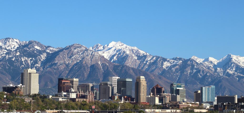 The downtown Salt Lake City skyline with the Wasatch Mountains behind