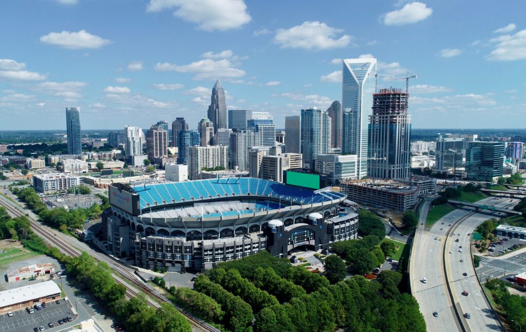 An aerial view of the Uptown Charlotte skyline