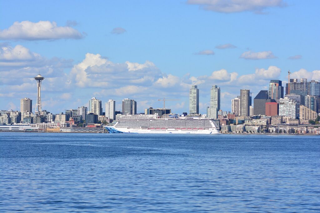 An Alaska cruise ship docked at Pier 66 on the Seattle waterfront