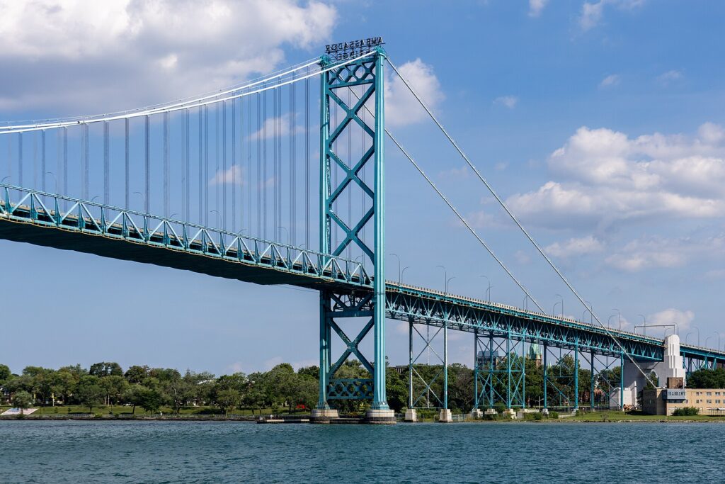 The Ambassador Bridge over the Detroit River, seen from the Windsor side