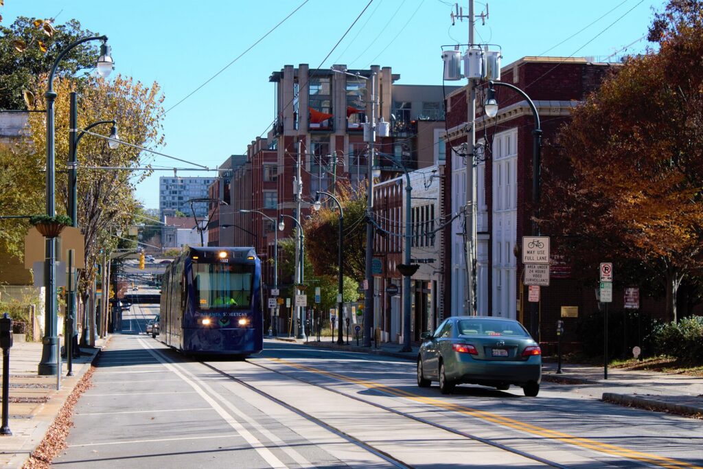 An Atlanta Streetcar tram on Auburn Avenue in the Sweet Auburn district
