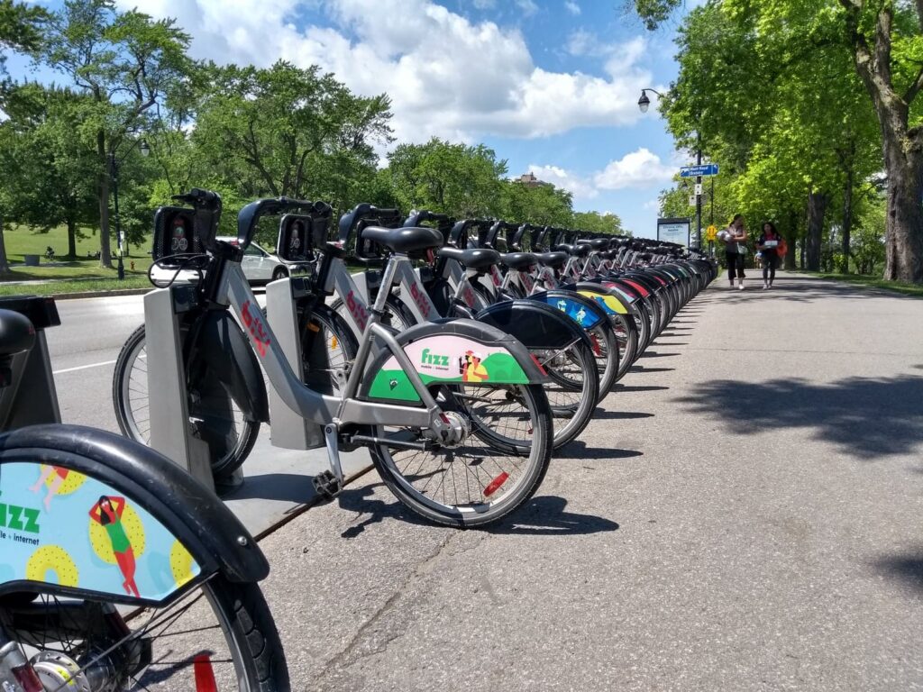 A BIXI bike-share station beside Parc Jeanne-Mance in Montreal