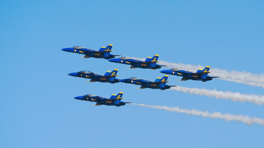 The Blue Angels flying in formation over San Francisco Bay during Fleet Week