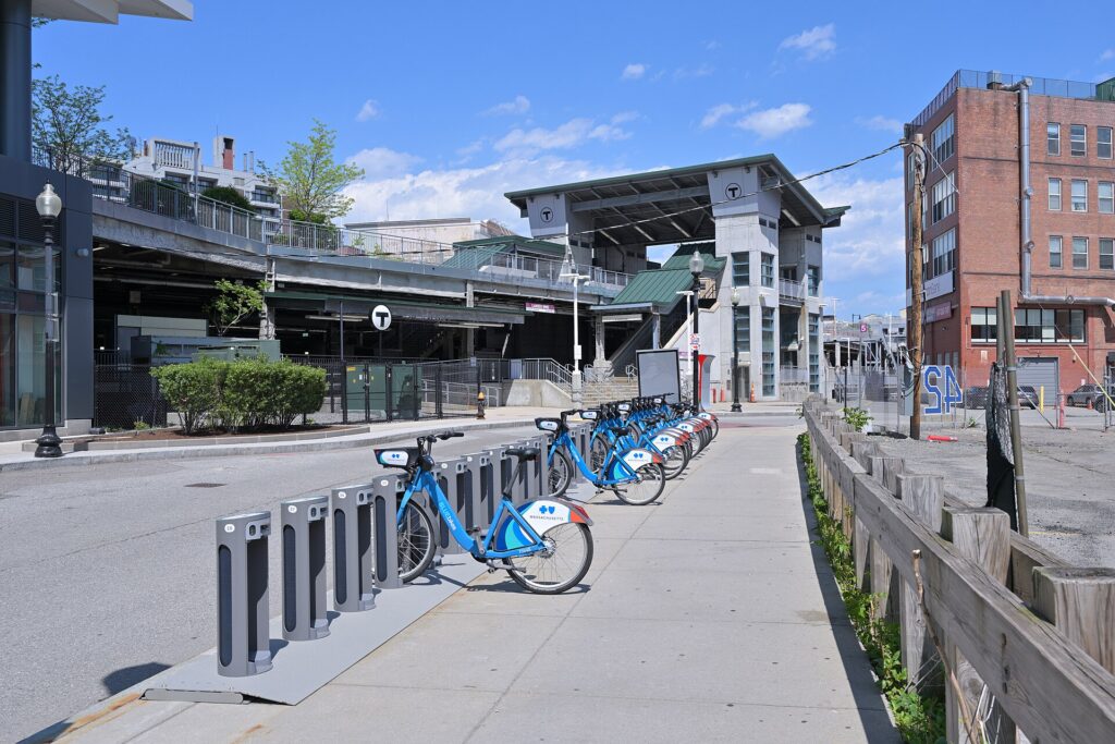 A Bluebikes bike-share station beside Lansdowne station near Fenway Park