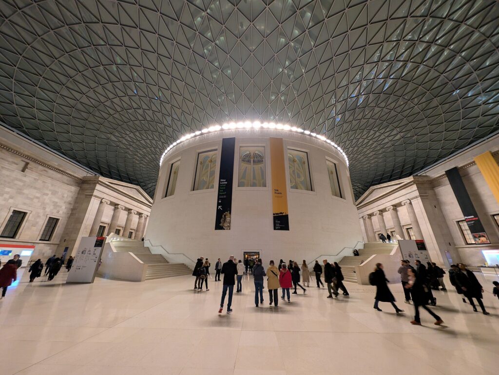 The glass-roofed Great Court of the British Museum in Bloomsbury