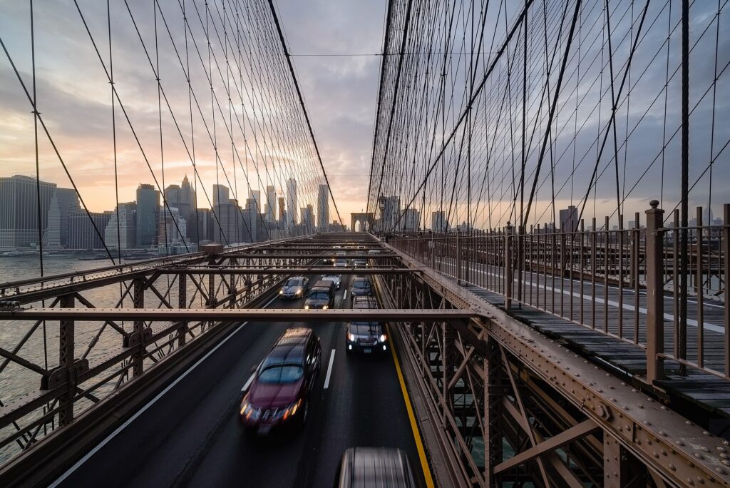The Brooklyn Bridge over the East River with Lower Manhattan behind