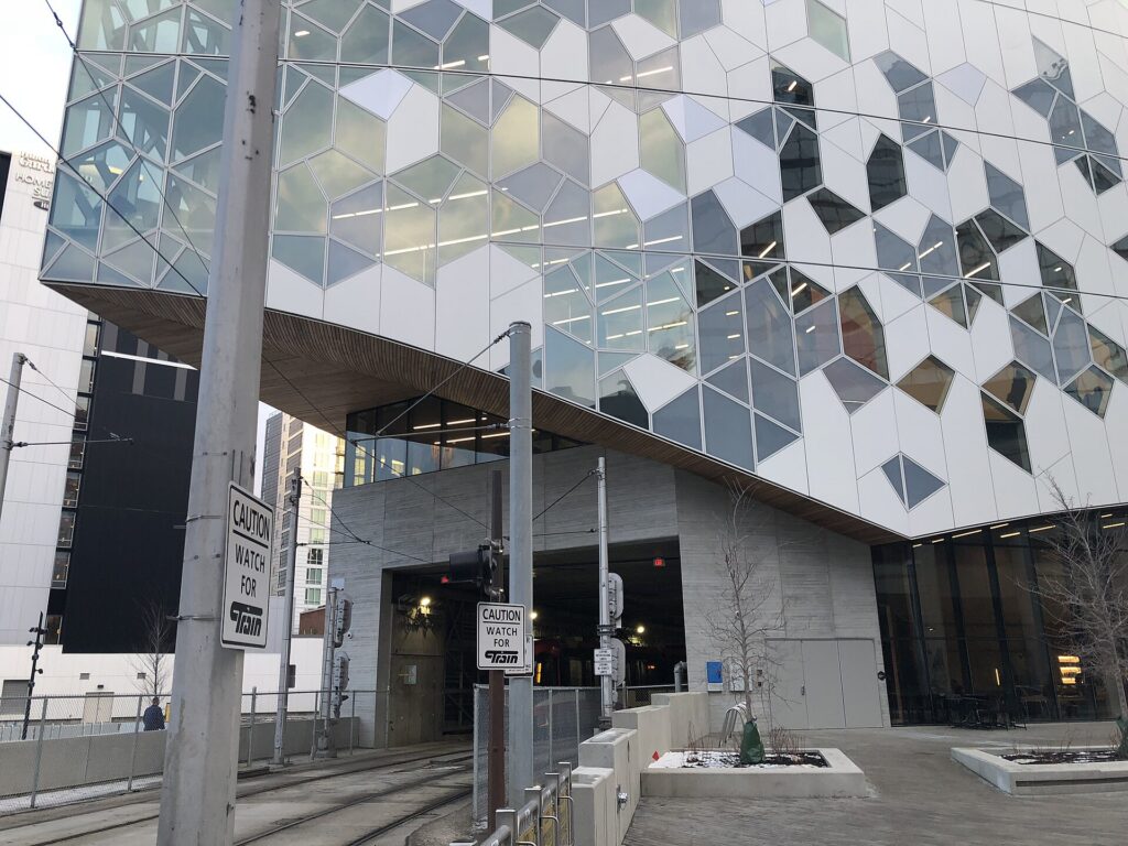 The exterior of the Calgary Central Library in the East Village