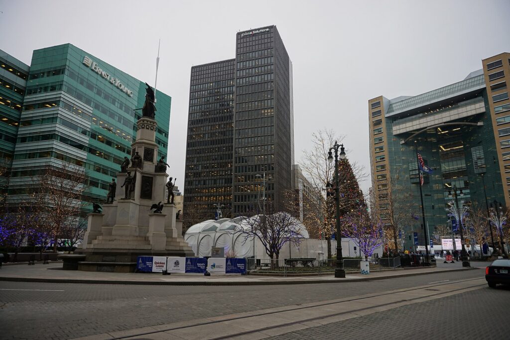 Campus Martius Park in downtown Detroit surrounded by office towers