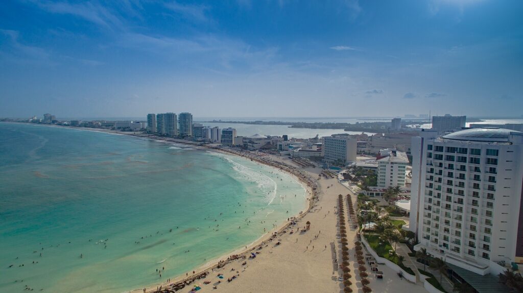 Aerial view of the Cancun Hotel Zone between the Caribbean and the Nichupté lagoon