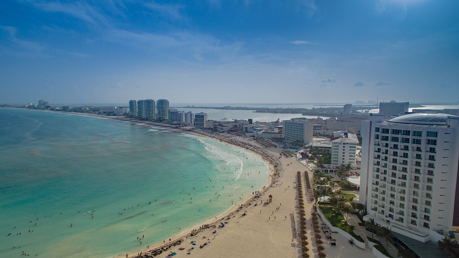 Aerial view of the Cancun Hotel Zone between the Caribbean and the Nichupté lagoon