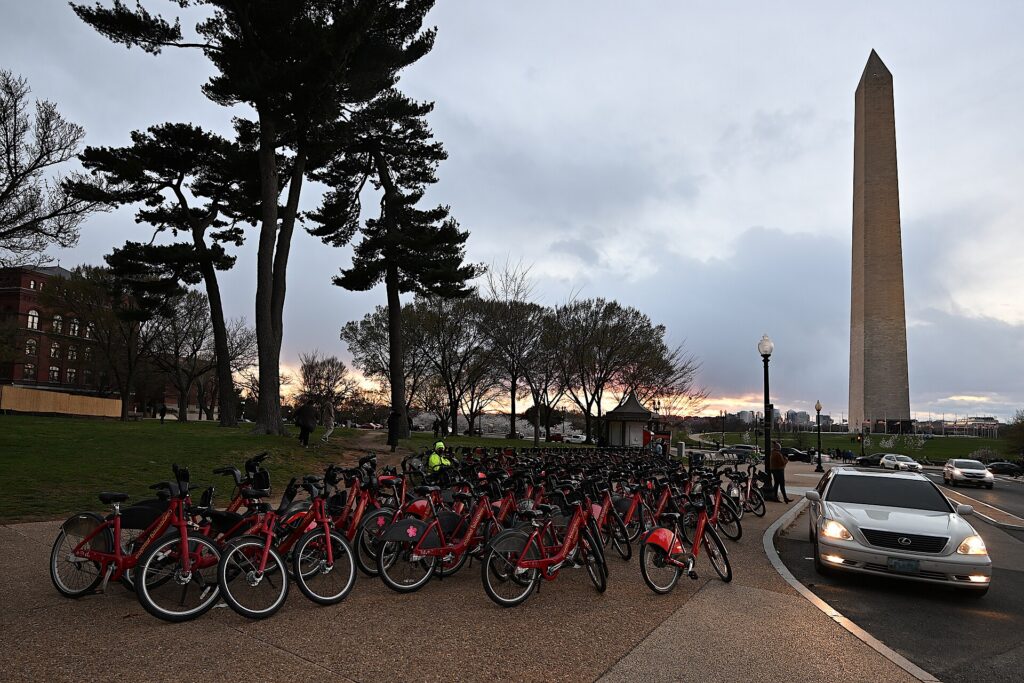 A Capital Bikeshare station on the National Mall near the Washington Monument