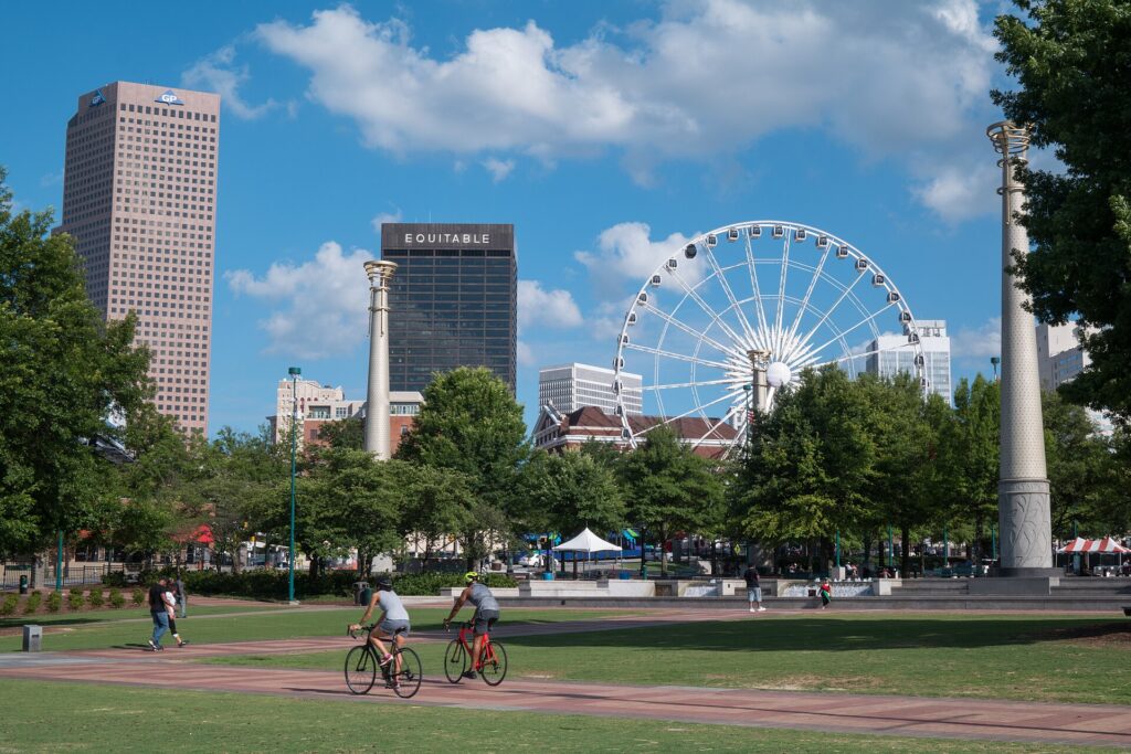 Centennial Olympic Park with the downtown Atlanta skyline behind it